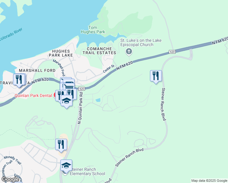map of restaurants, bars, coffee shops, grocery stores, and more near 4915 North Quinlan Park Road in Austin