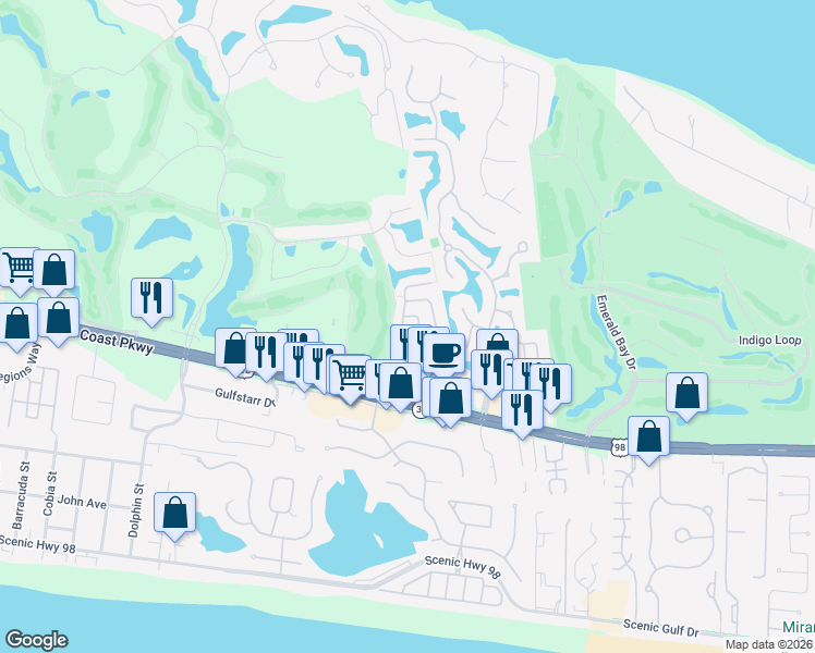 map of restaurants, bars, coffee shops, grocery stores, and more near 239 Inverrary Drive in Destin