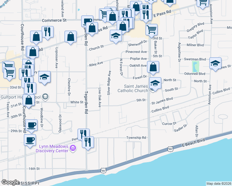 map of restaurants, bars, coffee shops, grocery stores, and more near 442 Silver Ridge Avenue in Gulfport