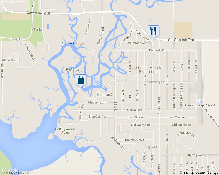 map of restaurants, bars, coffee shops, grocery stores, and more near 3317 Pine Circle Central in Ocean Springs