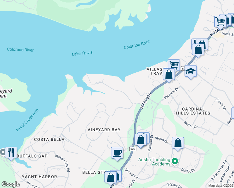 map of restaurants, bars, coffee shops, grocery stores, and more near 15909 Chateau Avenue in Austin