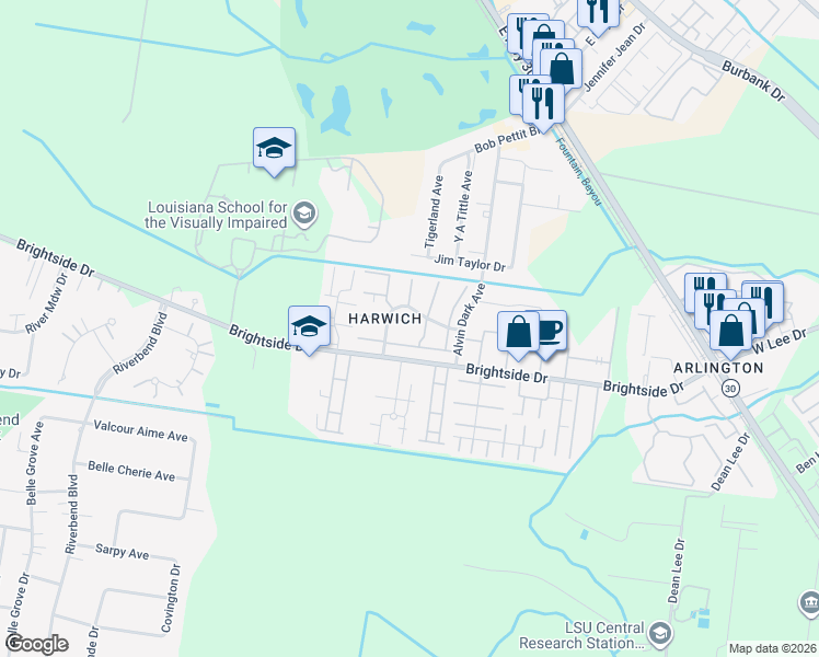 map of restaurants, bars, coffee shops, grocery stores, and more near 1521 Sharlo Avenue in Baton Rouge