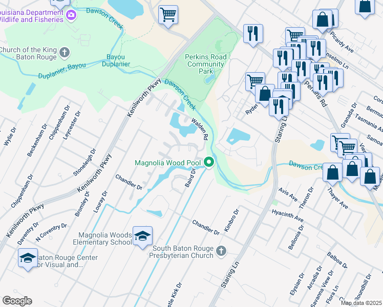 map of restaurants, bars, coffee shops, grocery stores, and more near 1341 Applewood Road in Baton Rouge