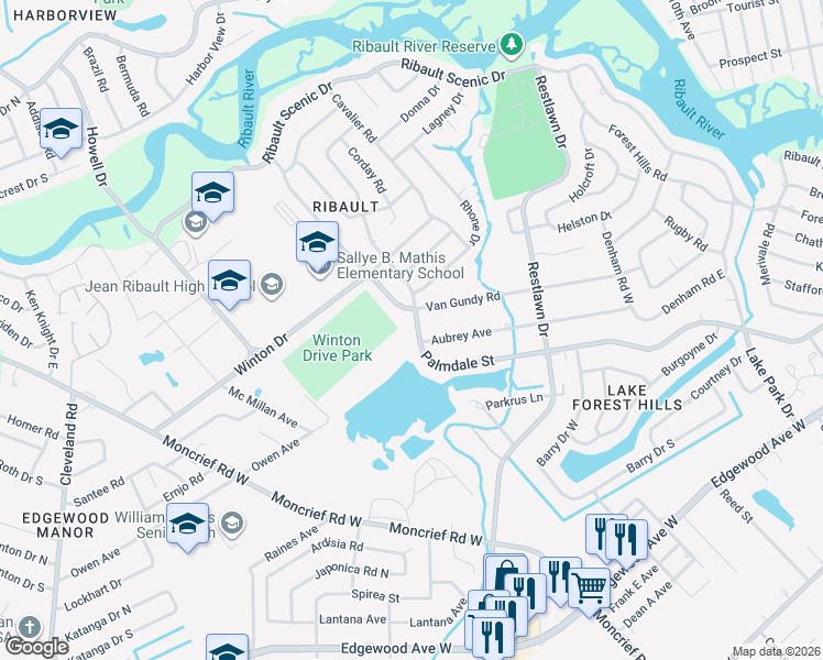 map of restaurants, bars, coffee shops, grocery stores, and more near 6528 Champlain Road in Jacksonville