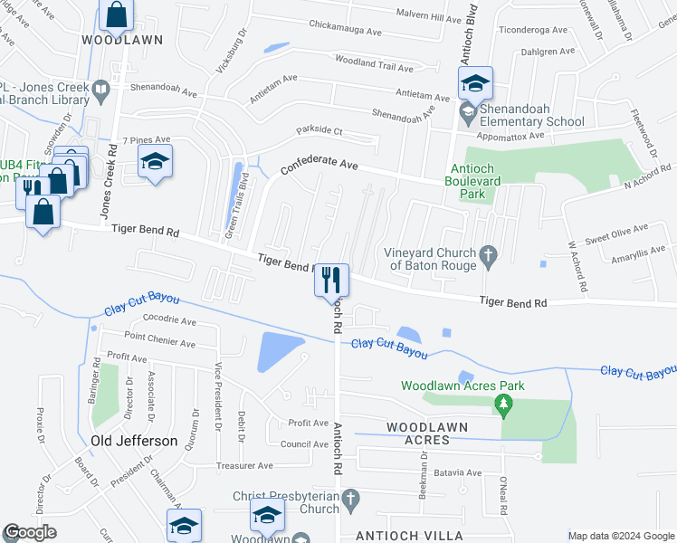 map of restaurants, bars, coffee shops, grocery stores, and more near 15999 Tiger Bend Road in Baton Rouge