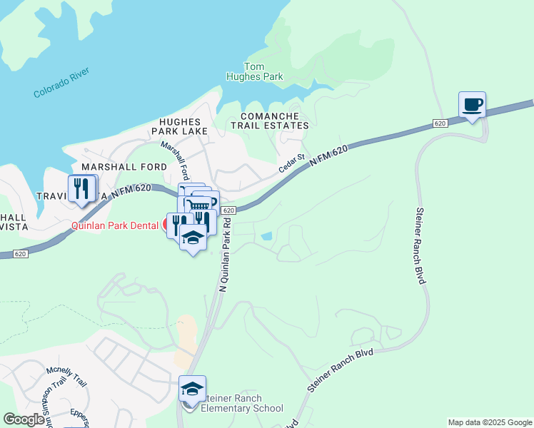 map of restaurants, bars, coffee shops, grocery stores, and more near 12400 Simmental Drive in Austin
