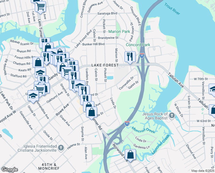 map of restaurants, bars, coffee shops, grocery stores, and more near 7541 Pickett Street in Jacksonville