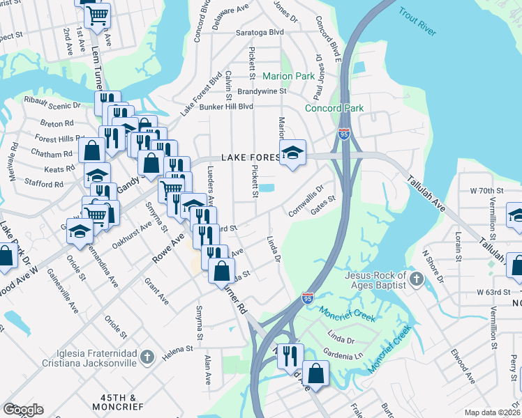 map of restaurants, bars, coffee shops, grocery stores, and more near 7541 Pickett Street in Jacksonville