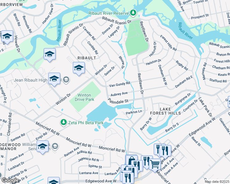 map of restaurants, bars, coffee shops, grocery stores, and more near 2912 Van Gundy Road in Jacksonville