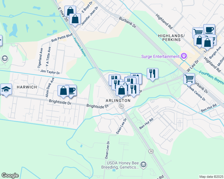map of restaurants, bars, coffee shops, grocery stores, and more near 5131 Nicholson Drive in Baton Rouge