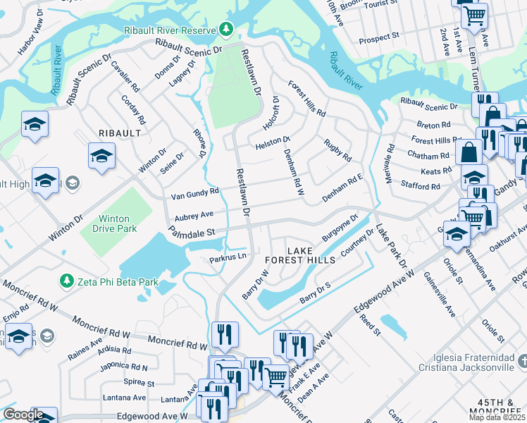 map of restaurants, bars, coffee shops, grocery stores, and more near 2540 Aubrey Avenue in Jacksonville