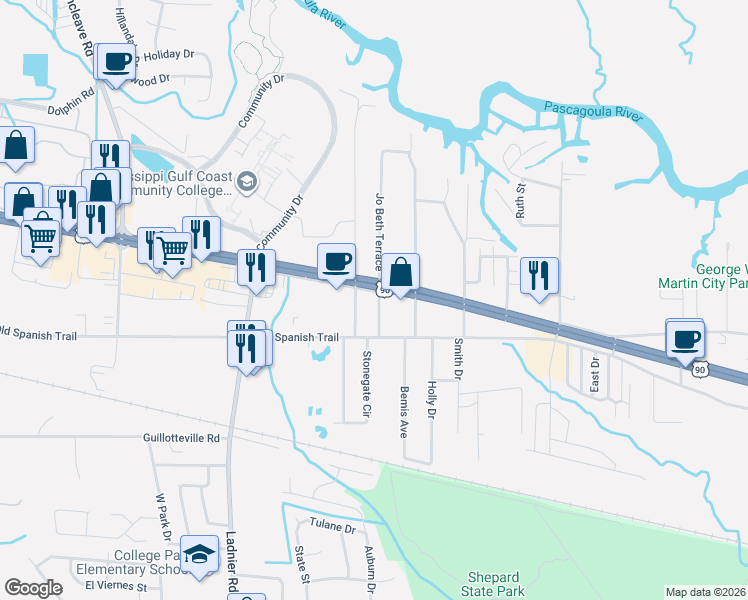 map of restaurants, bars, coffee shops, grocery stores, and more near 2029 Service Road in Gautier