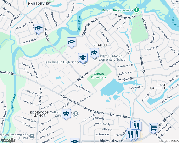 map of restaurants, bars, coffee shops, grocery stores, and more near 3701 Winton Drive in Jacksonville