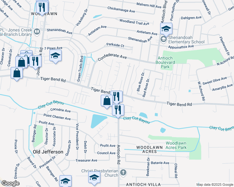 map of restaurants, bars, coffee shops, grocery stores, and more near 15995 Tiger Bend Road in Baton Rouge