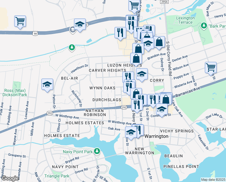 map of restaurants, bars, coffee shops, grocery stores, and more near 129 North Merritt Street in Pensacola