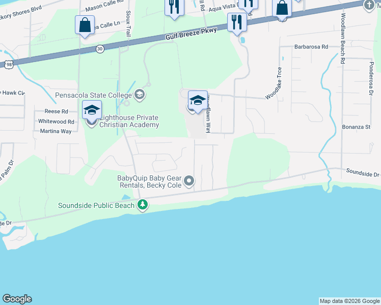 map of restaurants, bars, coffee shops, grocery stores, and more near 5140 Sandy Shores Drive in Gulf Breeze