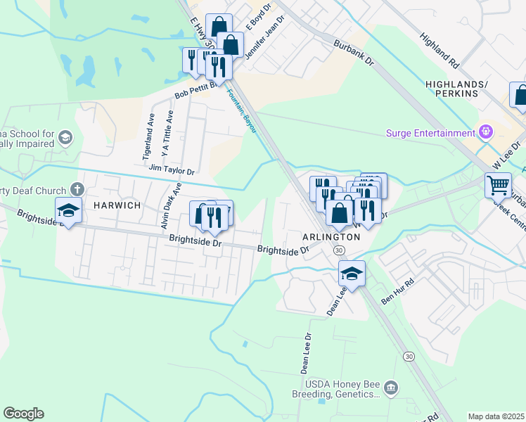 map of restaurants, bars, coffee shops, grocery stores, and more near 1984 Brightside Drive in Baton Rouge