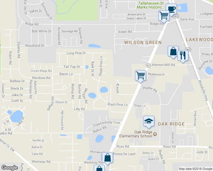 map of restaurants, bars, coffee shops, grocery stores, and more near 369 Bark Drive in Tallahassee