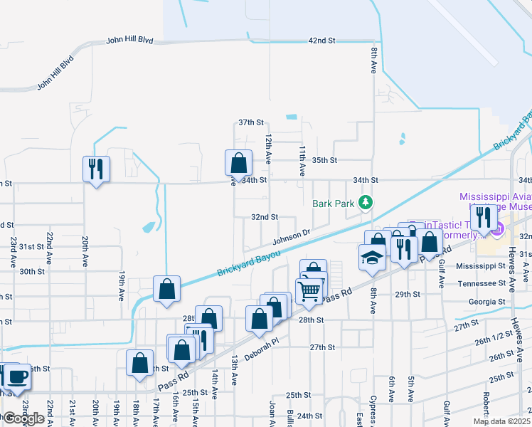 map of restaurants, bars, coffee shops, grocery stores, and more near 1200 32nd Street in Gulfport