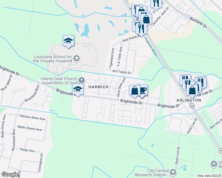 map of restaurants, bars, coffee shops, grocery stores, and more near 1521 Sharlo Avenue in Baton Rouge