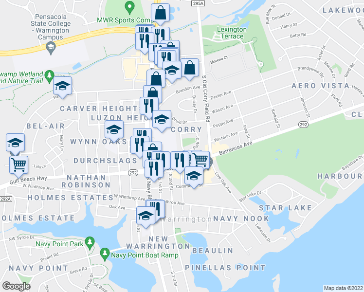 map of restaurants, bars, coffee shops, grocery stores, and more near 120 Manchester Street in Pensacola