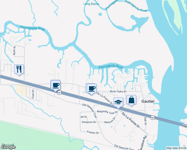 map of restaurants, bars, coffee shops, grocery stores, and more near 3401 Milstead Road in Gautier