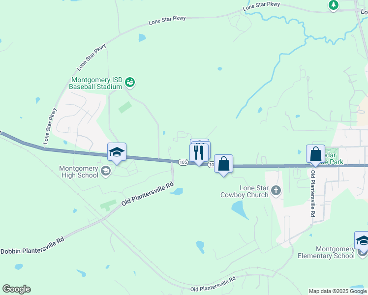 map of restaurants, bars, coffee shops, grocery stores, and more near 22490 Texas 105 in Montgomery