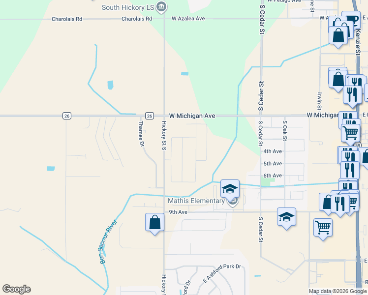 map of restaurants, bars, coffee shops, grocery stores, and more near 6258-7204 South Hickory Street in Foley