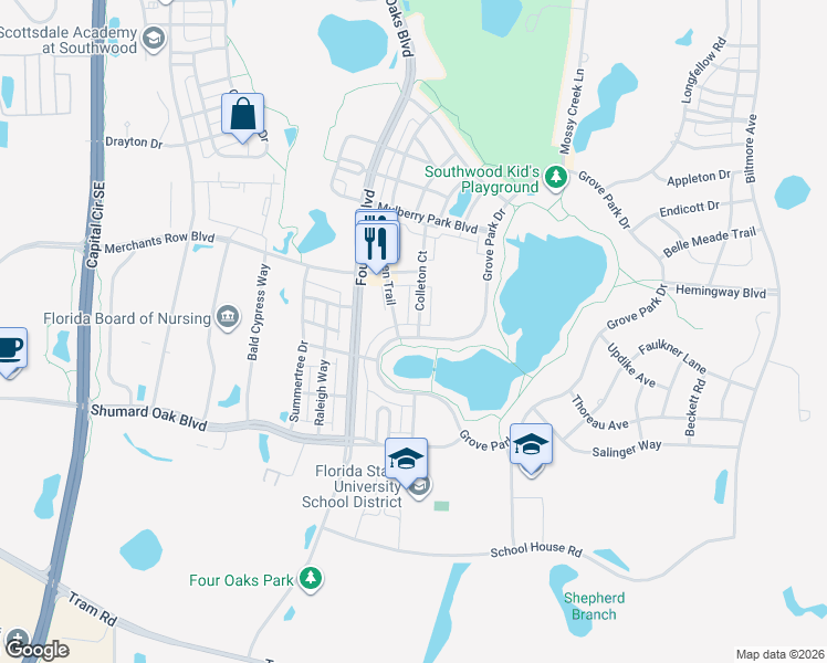 map of restaurants, bars, coffee shops, grocery stores, and more near 4200 Grove Park Drive in Tallahassee