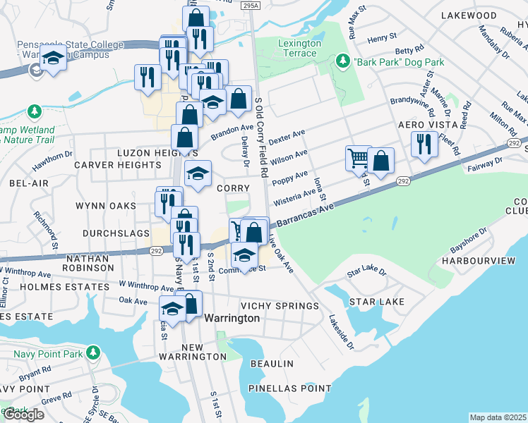 map of restaurants, bars, coffee shops, grocery stores, and more near 1233 South Old Corry Field Road in Pensacola