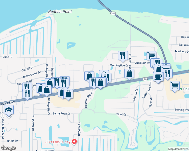 map of restaurants, bars, coffee shops, grocery stores, and more near 1606 Green Briar Parkway in Gulf Breeze