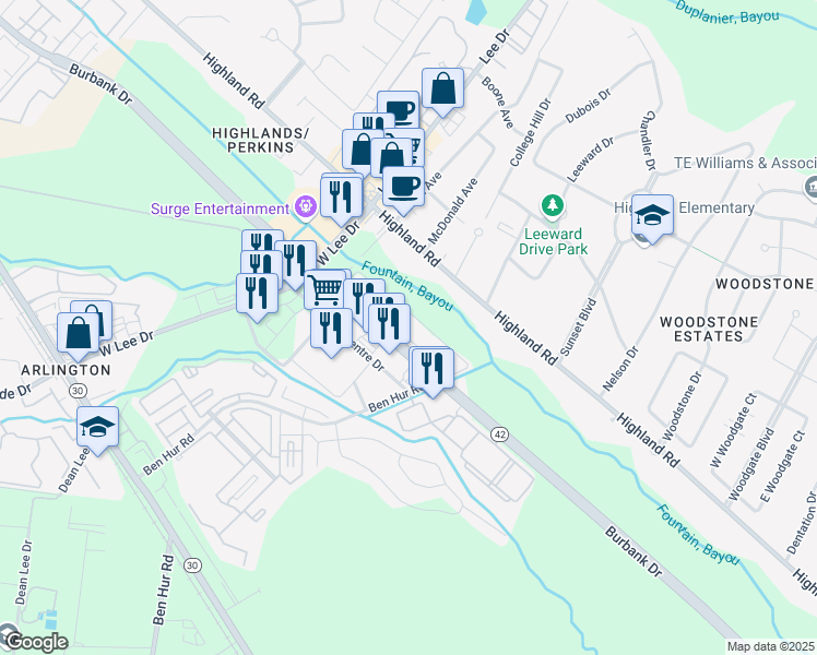 map of restaurants, bars, coffee shops, grocery stores, and more near 5959 Burbank Drive in Baton Rouge