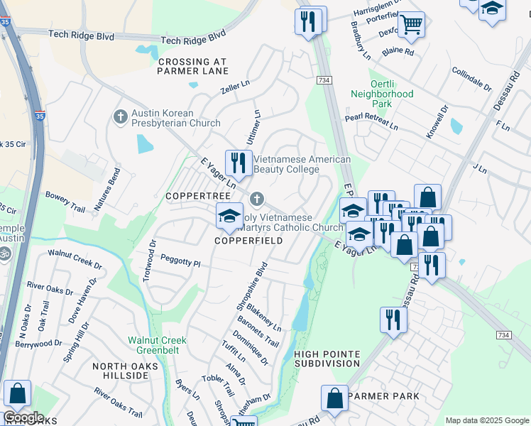 map of restaurants, bars, coffee shops, grocery stores, and more near 12288 Mulligan Glen Court in Austin