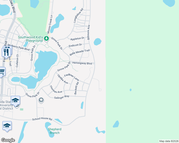 map of restaurants, bars, coffee shops, grocery stores, and more near 3259 Hemingway Boulevard in Tallahassee