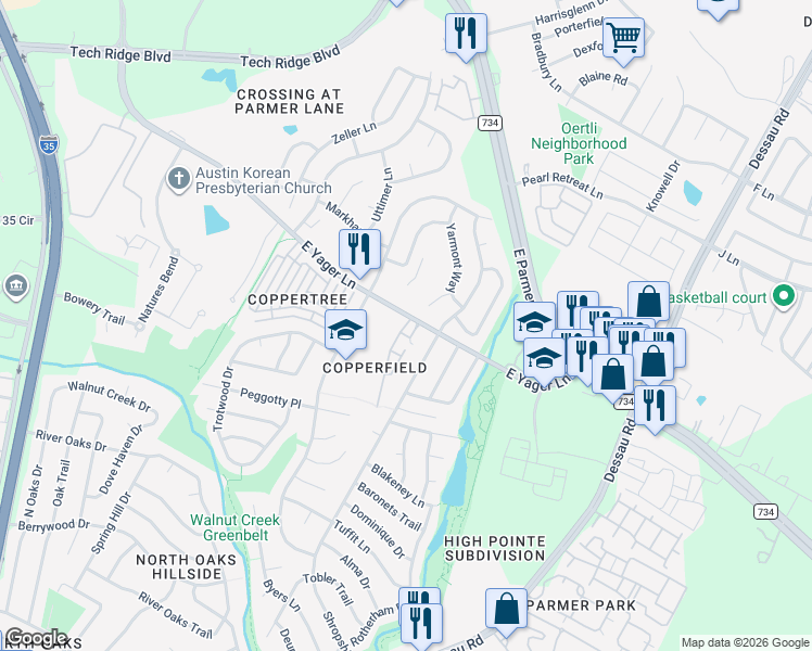 map of restaurants, bars, coffee shops, grocery stores, and more near 12288 Mulligan Glen Court in Austin