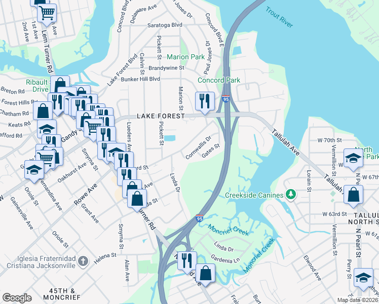 map of restaurants, bars, coffee shops, grocery stores, and more near 921 Cornwallis Drive in Jacksonville