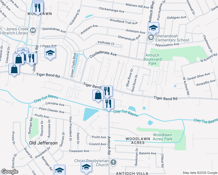 map of restaurants, bars, coffee shops, grocery stores, and more near 15985 Tiger Bend Road in Baton Rouge