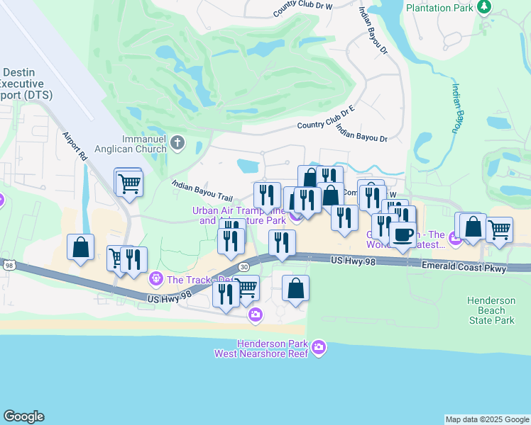 map of restaurants, bars, coffee shops, grocery stores, and more near 4201 Indian Bayou Trail in Destin