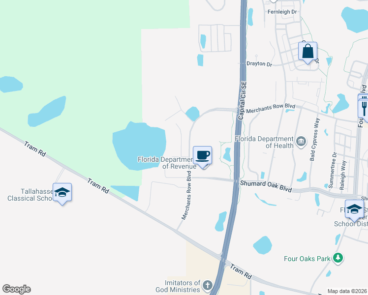 map of restaurants, bars, coffee shops, grocery stores, and more near Merchants Row Boulevard in Tallahassee