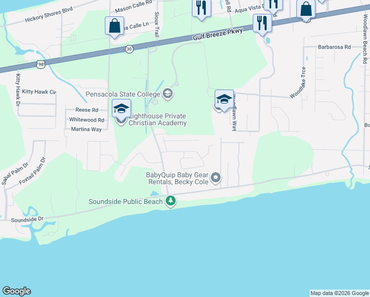 map of restaurants, bars, coffee shops, grocery stores, and more near 5045 Lantana Drive in Gulf Breeze