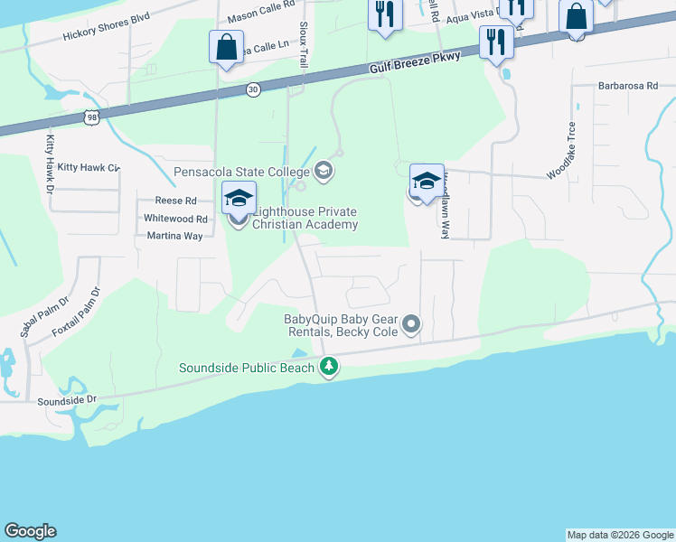 map of restaurants, bars, coffee shops, grocery stores, and more near 5025 Lantana Drive in Gulf Breeze