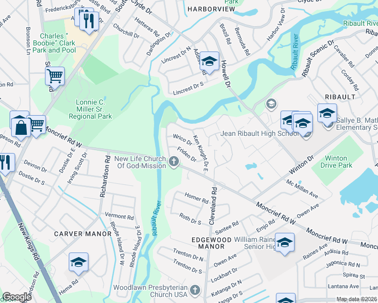 map of restaurants, bars, coffee shops, grocery stores, and more near 7140 Ken Knight Drive North in Jacksonville