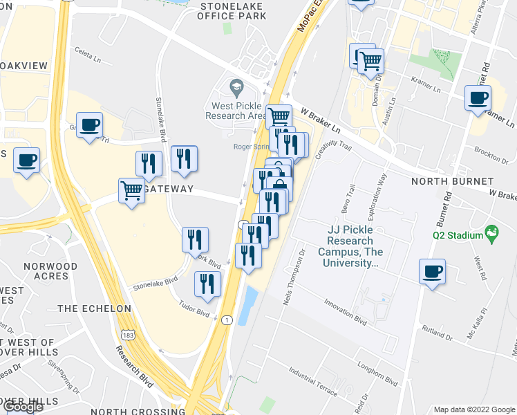 map of restaurants, bars, coffee shops, grocery stores, and more near N Mopac Expy & Rte 360 Loop in Austin