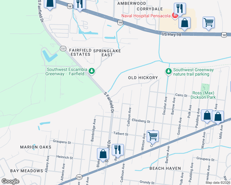 map of restaurants, bars, coffee shops, grocery stores, and more near 7688 Old Hickory Drive in Pensacola