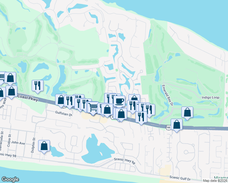 map of restaurants, bars, coffee shops, grocery stores, and more near 239 Inverrary Drive in Destin