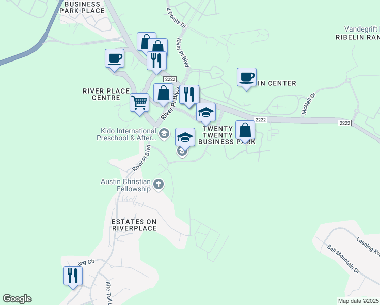 map of restaurants, bars, coffee shops, grocery stores, and more near 6500 Sitio Del Rio Boulevard in Austin