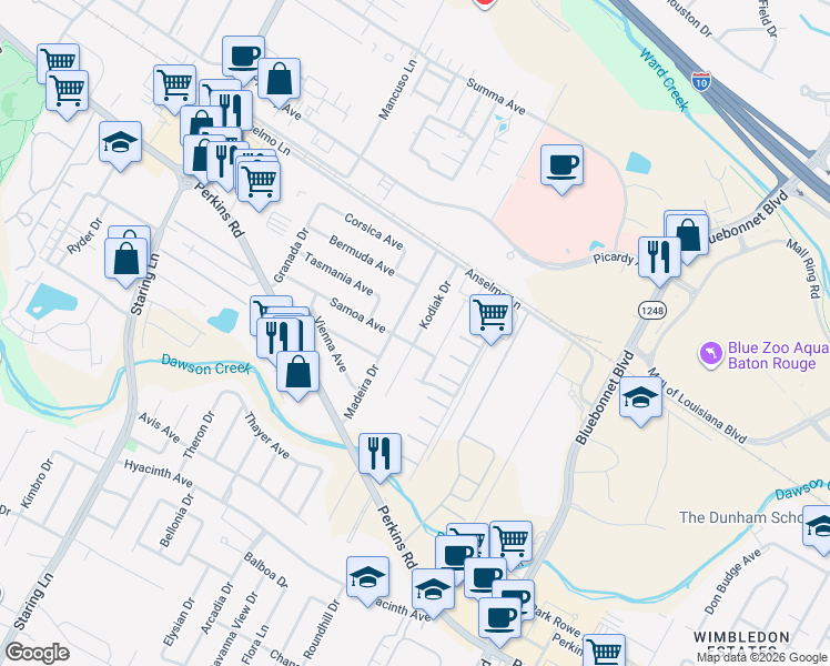 map of restaurants, bars, coffee shops, grocery stores, and more near 3332 Madeira Drive in Baton Rouge
