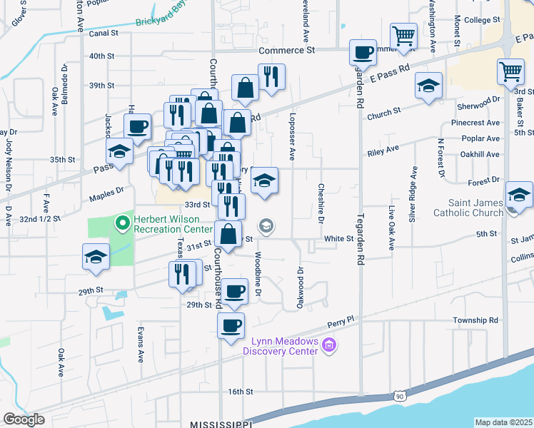 map of restaurants, bars, coffee shops, grocery stores, and more near 100 Perry Street in Gulfport