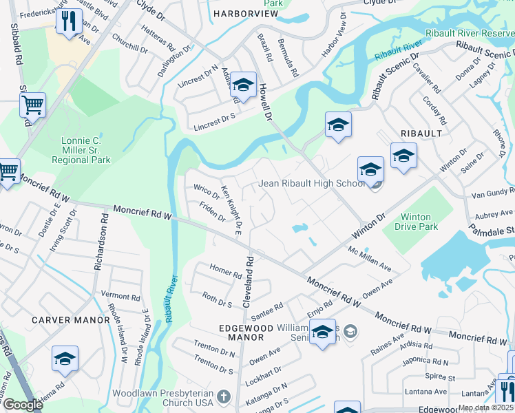 map of restaurants, bars, coffee shops, grocery stores, and more near 4229 Moncrief Road West in Jacksonville