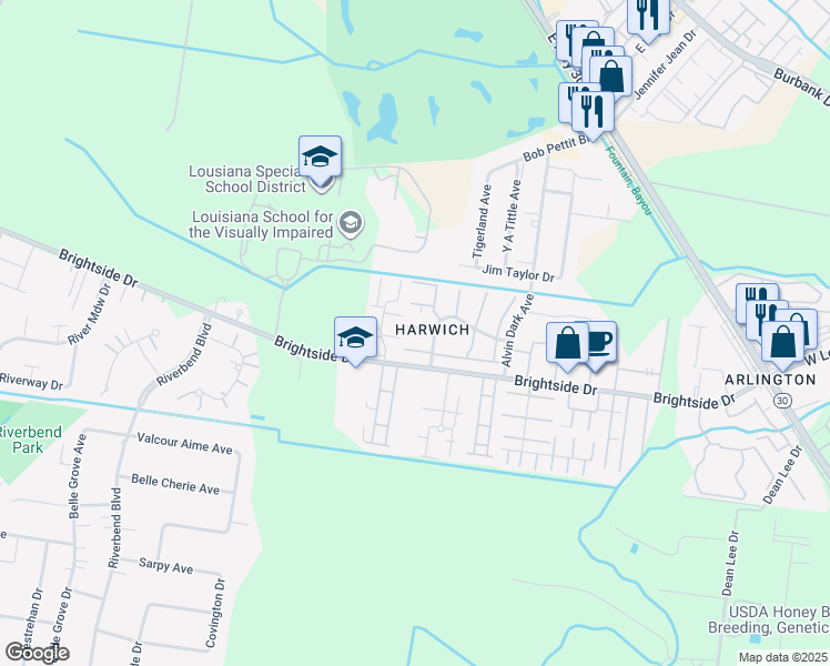 map of restaurants, bars, coffee shops, grocery stores, and more near 1558 Sharlo Avenue in Baton Rouge